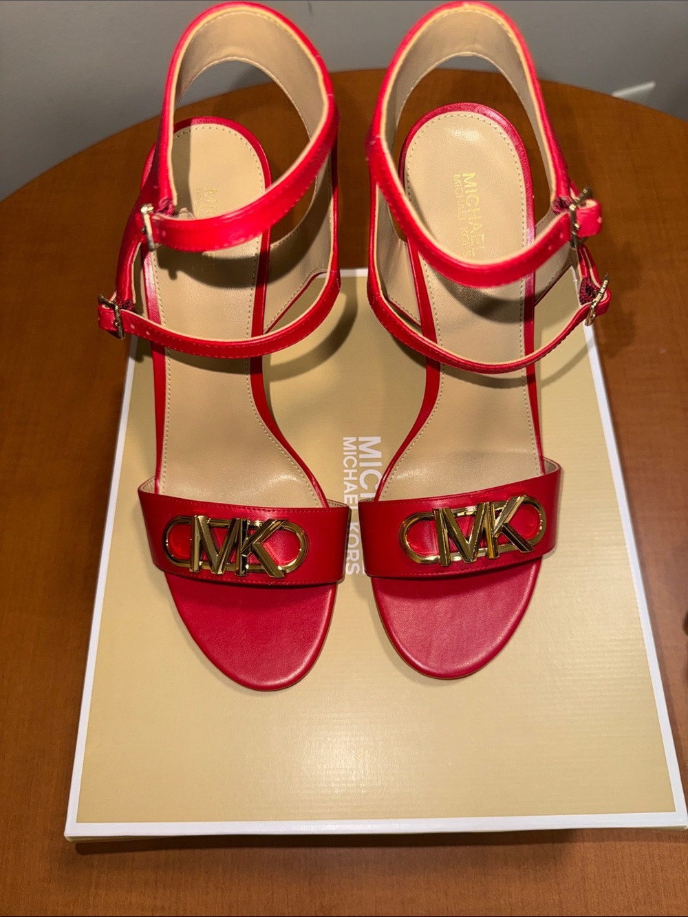 MICHAEL Michael Kors Red Leather Stiletto Sandal with Gold MK Accent